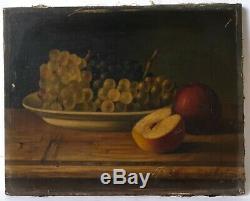 Table Painting Old Signed Oil On Canvas, Still Life, Grapes, Apples