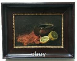 Table Signed Former, Oil On Canvas, Still Life With Shrimp, Box, Twentieth