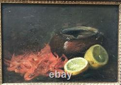 Table Signed Former, Oil On Canvas, Still Life With Shrimp, Box, Twentieth
