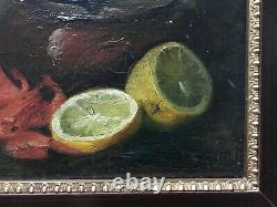 Table Signed Former, Oil On Canvas, Still Life With Shrimp, Box, Twentieth