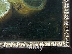 Table Signed Former, Oil On Canvas, Still Life With Shrimp, Box, Twentieth