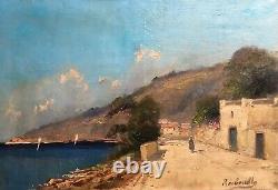 Table Signed Former, Oil Painting, Paysage Animé, Seaside, Early Twentieth