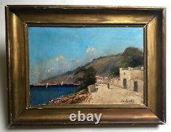 Table Signed Former, Oil Painting, Paysage Animé, Seaside, Early Twentieth