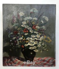 Table Signed Former Seevagen, Oil On Canvas Mounted On Cardboard, Flowers