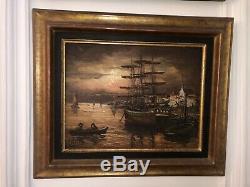 Table Signed Robert Mogisse Oil On Canvas 1933 Sail Port Evening In Old Rare