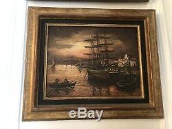 Table Signed Robert Mogisse Oil On Canvas 1933 Sail Port Evening In Old Rare