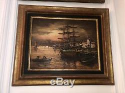 Table Signed Robert Mogisse Oil On Canvas 1933 Sail Port Evening In Old Rare