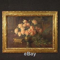 Table Still Life Painting Signed Oil On Canvas With Old Style Frame