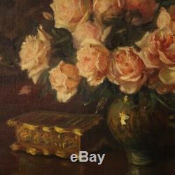Table Still Life Painting Signed Oil On Canvas With Old Style Frame
