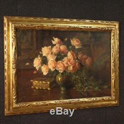 Table Still Life Painting Signed Oil On Canvas With Old Style Frame