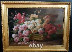 Table Thrown Roses By Emile Godchaux 19th Oil On Canvas Old Frame