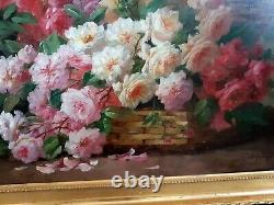 Table Thrown Roses By Emile Godchaux 19th Oil On Canvas Old Frame