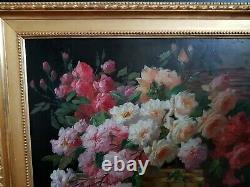 Table Thrown Roses By Emile Godchaux 19th Oil On Canvas Old Frame