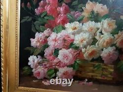 Table Thrown Roses By Emile Godchaux 19th Oil On Canvas Old Frame