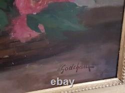 Table Thrown Roses By Emile Godchaux 19th Oil On Canvas Old Frame