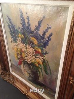 Table W Lambrecht Former (xix-xx) Bouquet Flower Oil On Canvas Signed