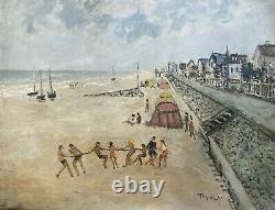 Tableau Ancienne Marine Normandie Bord De Mer Beach Games Oil Signed Tivaly