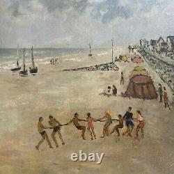 Tableau Ancienne Marine Normandie Bord De Mer Beach Games Oil Signed Tivaly