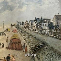 Tableau Ancienne Marine Normandie Bord De Mer Beach Games Oil Signed Tivaly