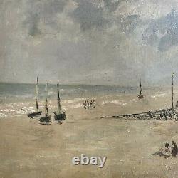 Tableau Ancienne Marine Normandie Bord De Mer Beach Games Oil Signed Tivaly