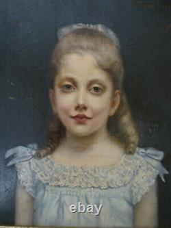 Tableau Ancienne Portrait Enfant Girl Dress Blue Oil On Canvas 19th Signed