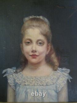 Tableau Ancienne Portrait Enfant Girl Dress Blue Oil On Canvas 19th Signed