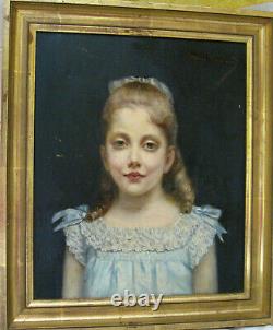 Tableau Ancienne Portrait Enfant Girl Dress Blue Oil On Canvas 19th Signed