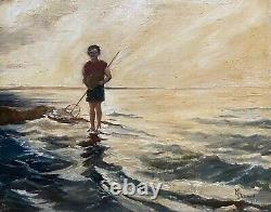 The Little Fisherman, Oil on Canvas Signed M. Durand 1932, Antique Painting, 20th Century