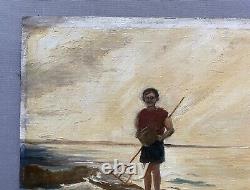 The Little Fisherman, Oil on Canvas Signed M. Durand 1932, Antique Painting, 20th Century