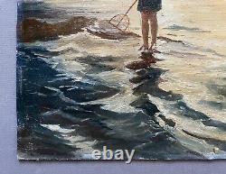 The Little Fisherman, Oil on Canvas Signed M. Durand 1932, Antique Painting, 20th Century