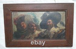 The Three Musketeers, oil on panel, signed, antique painting, 19th century