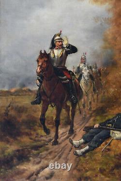 Théodore LÉVIGNE OLD OIL ON CANVAS PAINTING XIX CENTURY DEPARTURE OF THE CAVALRY