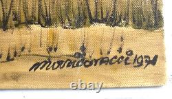 Translation: 'Ancient Oil Painting on Canvas, Roquebrune Castle, Signed by Mozziconacci 1971'
