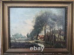 Translation: Ancient Painting / Oil on Canvas. Beautiful Landscape, View of the Village