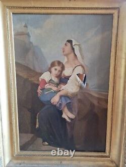 Translation: Ancient Painting, Oil on Canvas, Woman and Her Child 19th Century with Golden Frame