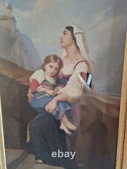 Translation: Ancient Painting, Oil on Canvas, Woman and Her Child 19th Century with Golden Frame