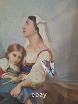 Translation: Ancient Painting, Oil on Canvas, Woman and Her Child 19th Century with Golden Frame