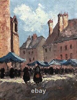 Translation: 'Ancient Tableau, Market in Brittany, Oil on Canvas Board, Painting, Early 20th Century'