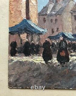 Translation: 'Ancient Tableau, Market in Brittany, Oil on Canvas Board, Painting, Early 20th Century'