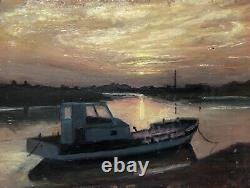 Translation: 'Ancient Tableau, Pinasse at Sunset, Oil on Panel, Early 20th Century'