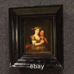 Translation: Ancient oil on panel, genre scene, Flemish painting, interior, 700