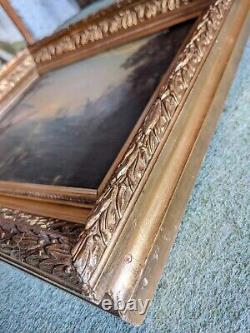 Translation: 'Antique 19th Century Oil Painting: Animated Marine Scene with Golden Frame'
