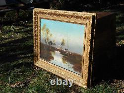 Translation: Antique Oil Painting on Canvas, Barbizon School, Gilded Wooden Frame, 19th Century