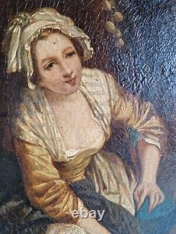 Translation: Old 18th century tableau, interior scene, Woman Dog Child, 85 X 75 Cm