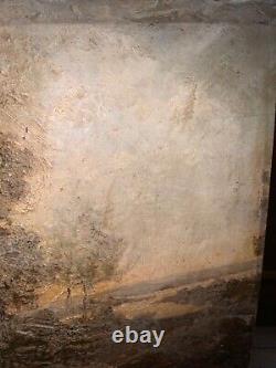 Translation: Old 19th century oil painting on mahogany Barbizon landscape unsigned