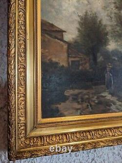 Translation: Old French School Oil Painting on Canvas in a Gold Frame - Ancient Decor