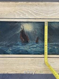 Translation: Old Oil Painting of a Marine on Panel Signed, to be Deciphered, Boats Decor Sea.