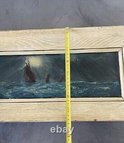 Translation: Old Oil Painting of a Marine on Panel Signed, to be Deciphered, Boats Decor Sea.