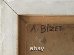 Translation: Old Oil Painting on Cardboard Signed Andree Bizet.