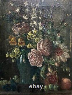 Translation: 'Old Painting, Still Life with a Bouquet of Flowers, Oil on Canvas, 19th Century'